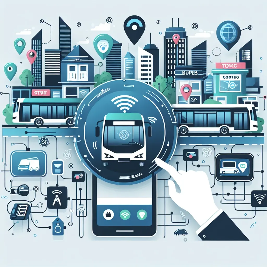 Alt text: "حافلة مزودة بتقنية تتبع لحظي مع نظام دفع لا تلامسي في هيئات النقل, تسهيل السفر للمستخدمين وتحسين تجربة النقل العام."